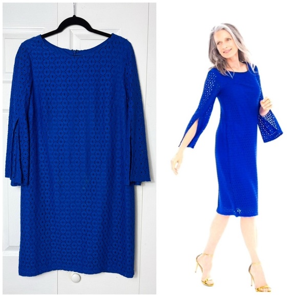 Chico's Majestic Bright Blue Geometric Eyelet Lace Shift Dress Size 1 Medium - Picture 1 of 9